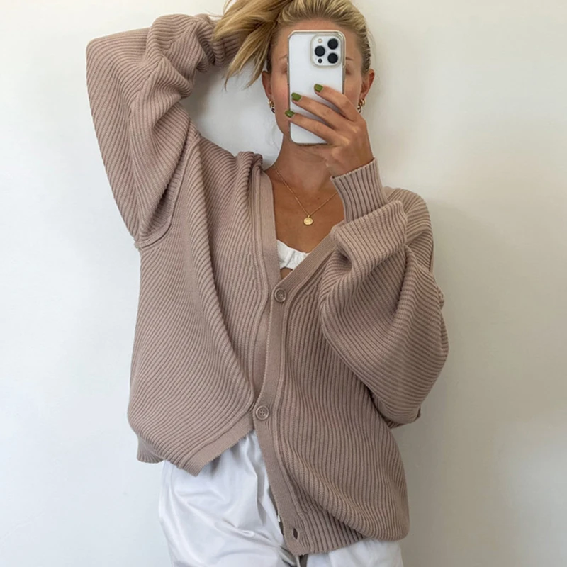 

Женский свободный кардиган оверсайз, Однотонный свитер с V-образным вырезом, верхняя одежда, осень-зима 2022