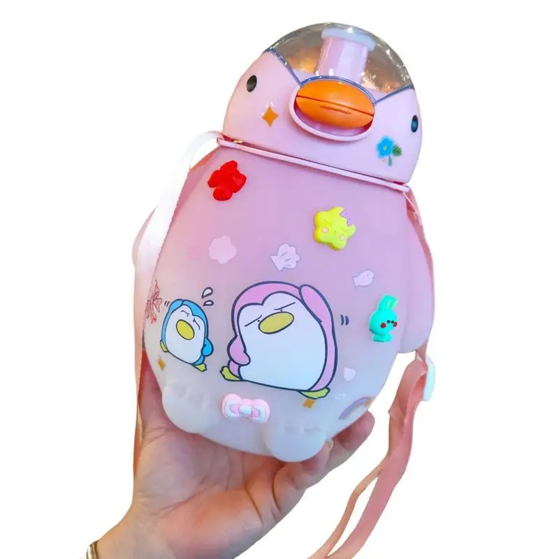 

Kids Water Bottle 51oz Leak-proof Penguin-shaped Coffee One-Click-Open Sports Water Bottle With Spout Cover & Straps For Most