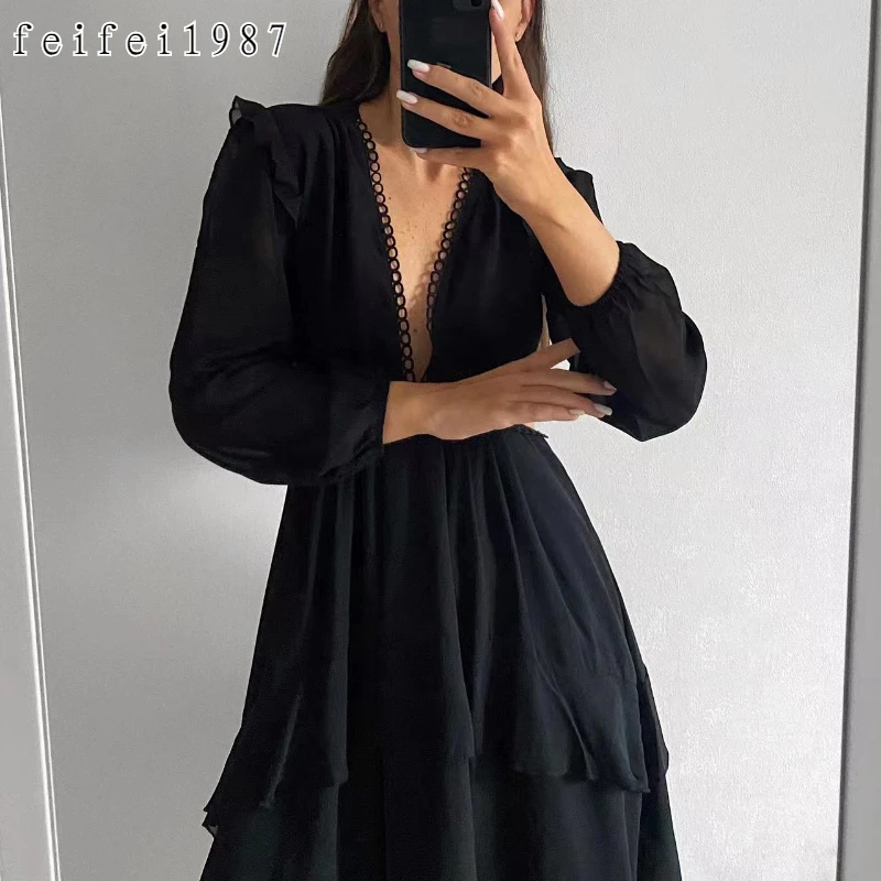 

Женское шифоновое платье с открытой спиной, сексуальное кружевное мини-платье в европейском и американском стиле с глубоким V-образным вырезом, лето 2023