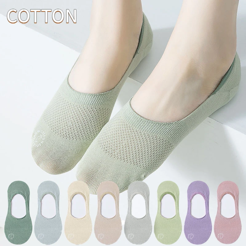 5pair Women Pure Cotton Socks Invisible Boat Mesh Summer Mujer Silicone Non-slip Ankle Low Cut Female Show Breathable Thin Sock
