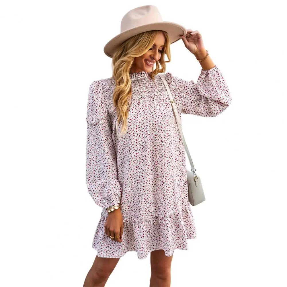 

Женское мини-платье с цветочным принтом, элегантное свободное платье с круглым вырезом, длинным рукавом-фонариком и оборками на подоле, лето 2022