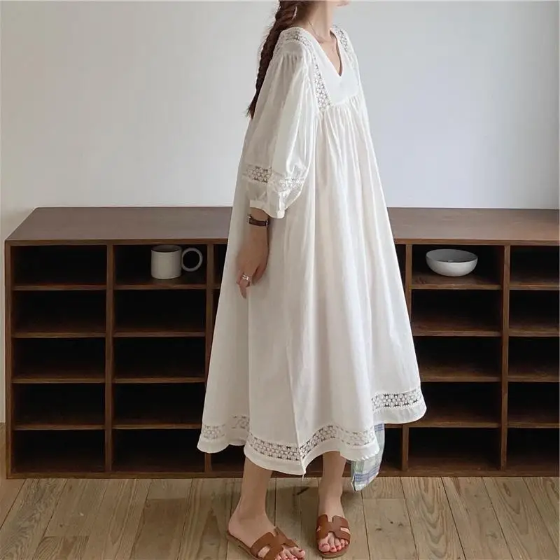 

Women's 2022 New White Medium Length Skirt Versatile Loose Sweet Lace Dress