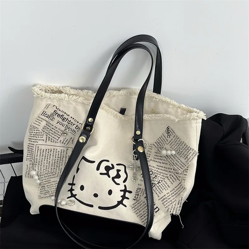 

Kawaii Hello Kitty Y2k Bags Anime Sanrio Backpack 산리오 Cartoon Hellokitty Canvas Handbag Casual Underarm Bag for Girls Women Gift