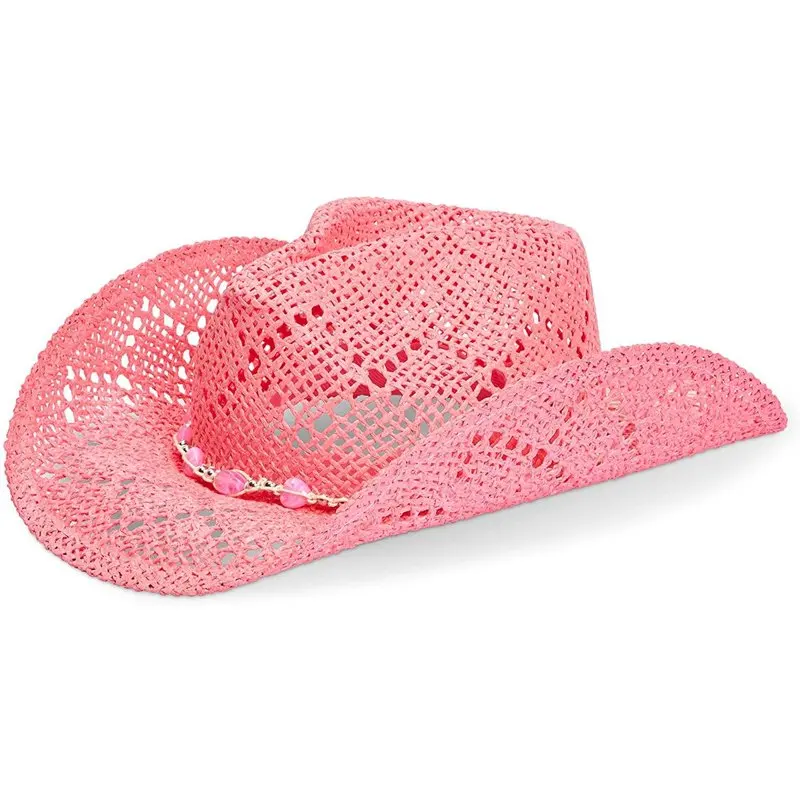 

Straw Cowgirl Hat for Women and Girls, Pink Cowboy Hat with Beaded Heart Trim and Braided Chain for Spring, Summer, Beach, Dress