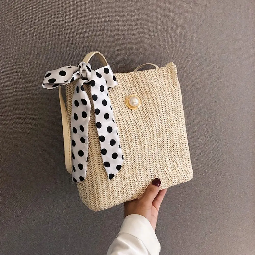 

Woven Beach Bag Shoulder Bag With Ribbon Beach Bag Women Woven Bag Bohemian Woven Bag Shoulder Bag Korean Style Bag