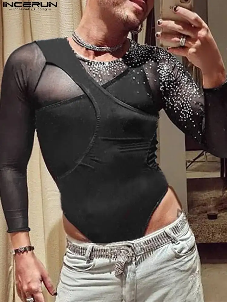 

Men Bodysuits Mesh Transparent O-neck Long Sleeve 2022 Sexy Romper Pajamas Hollow Out Skinny Irregular Bodysuit Men 5XL INCERUN