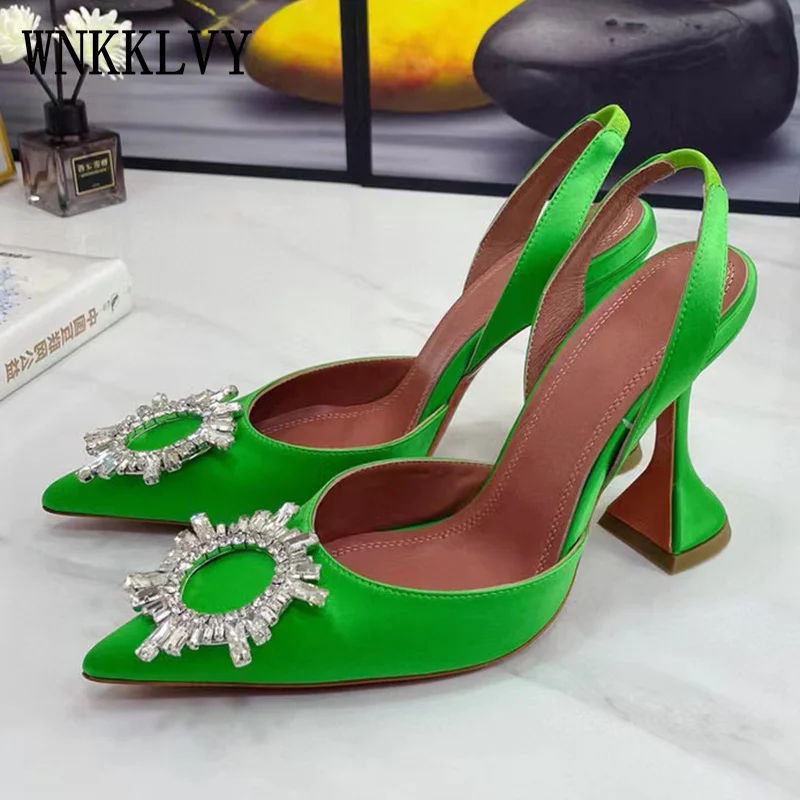 

2022 New Spring Summer Sandals Women Shallow Back Strap Pumps Solid Colors Satin Sandals Sexy Crystal Sun Flower Ladies Shoes