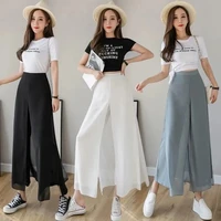 wide leg pants women thin loose side slit zipper chiffon design ankle length pure color white all match 2022 new summer trousers