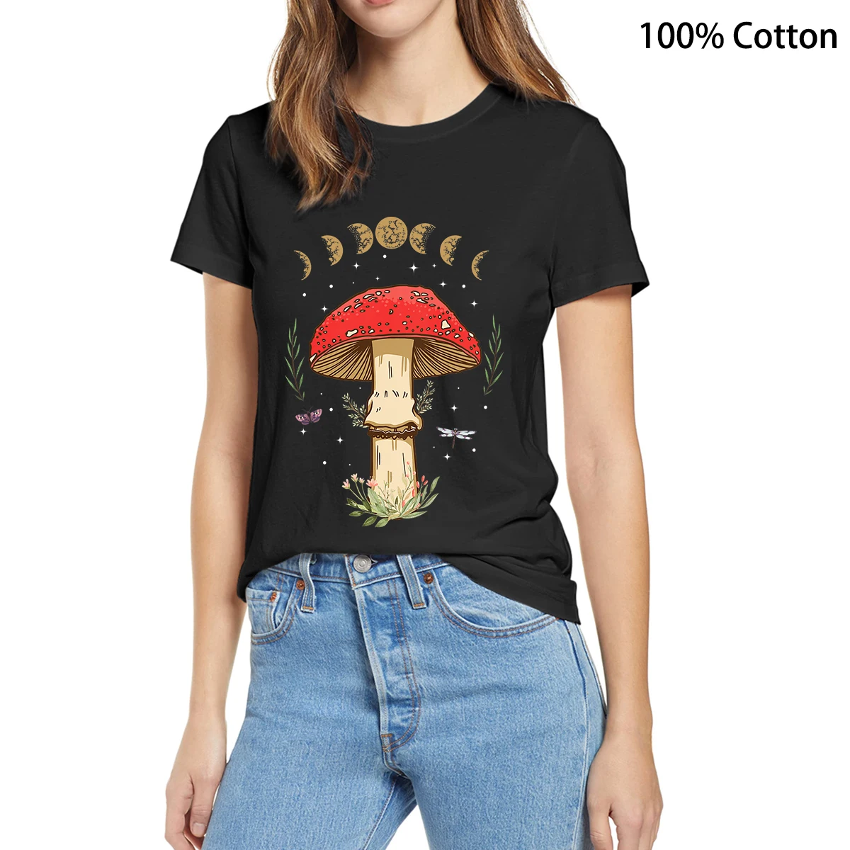 

100% Cotton Tee Kawaii Women Unisex Tops Dark Academia Cottagecore Aesthetic Magical Mushroom Fungi Casual T-Shirt Streetwear