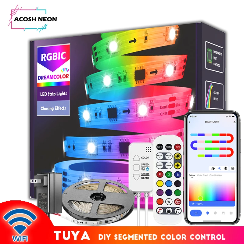 WS2811 DreamColor LED Strip Lights,16.4ft RGBIC TUYA Wi-Fi Phone App Controlled Waterproof Smart Music Sync Light Strip