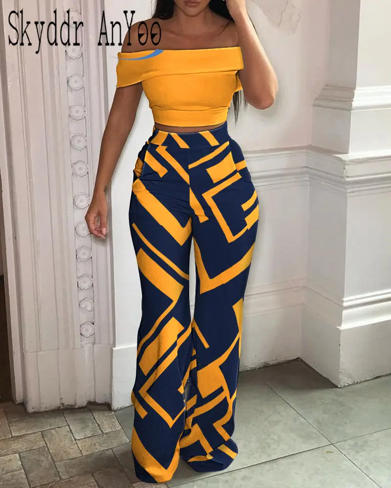 

Summer Two Piece Set Women's Suit Off Shoulder Solid Crop Top And Printed High Waist Long Pants 2 Piece Sets Womens Outfits