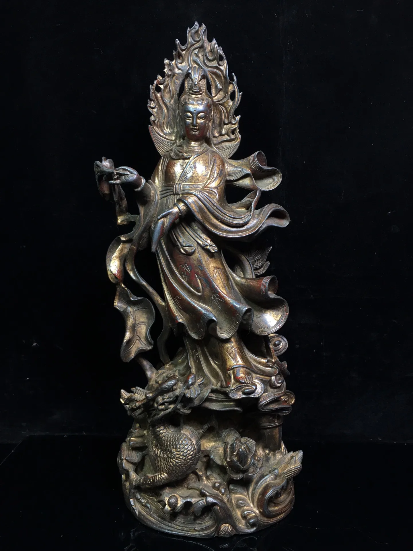 

17"Tibetan Temple Old Bronze Cinnabar Lacquer Guanyin Bodhisattva Dragon Pure bottle Buddha Worship Hall Town House Exorcism