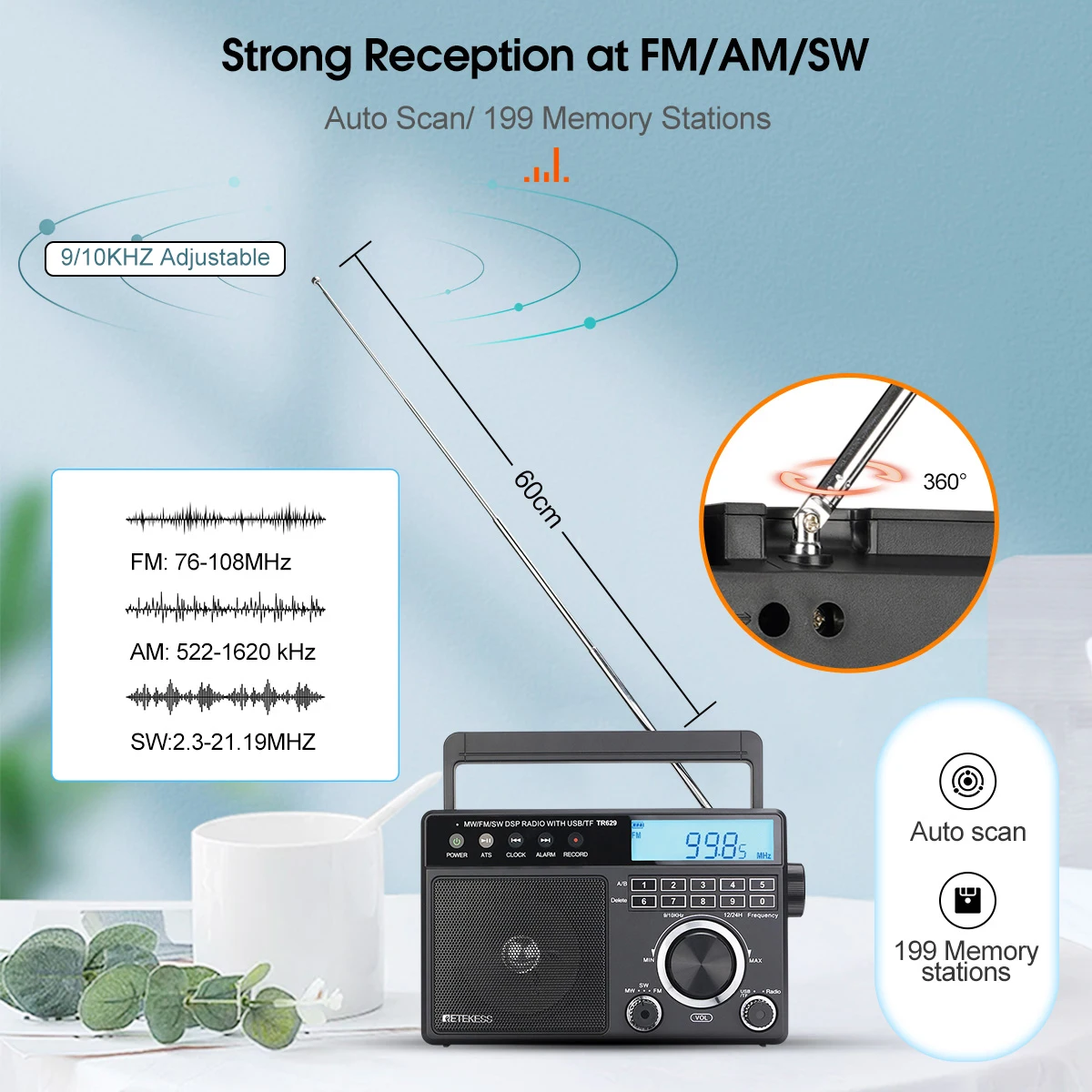 Najtaniej Retekess TR629 AM FM SW DSP Przenośne Radio Cyfrowe Podświetlacz Wyświetlacza LCD Głośna Głośność Duży Głośnik Rejestrator Zegar Dla Domu Starszy