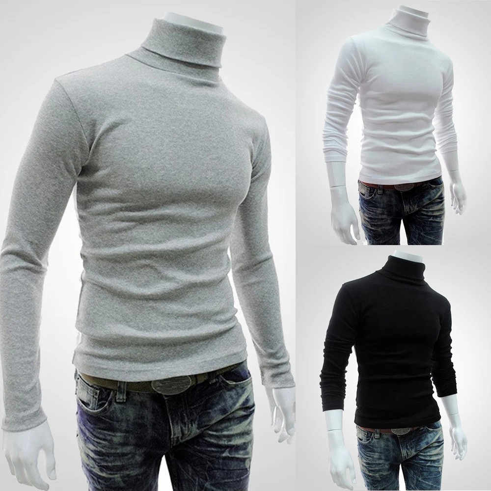 Hot Winter Warm Men Mock Neck Basic Plain T-shirt Blouse Pullover Long Sleeve Top Male Outwear Slim Fit Stretch Fashion Sweater