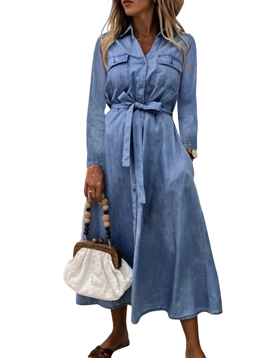 

Женское повседневное джинсовое однотонное платье-рубашка с длинным рукавом, отложным воротником и пуговицами, джинсовое платье с поясом на...