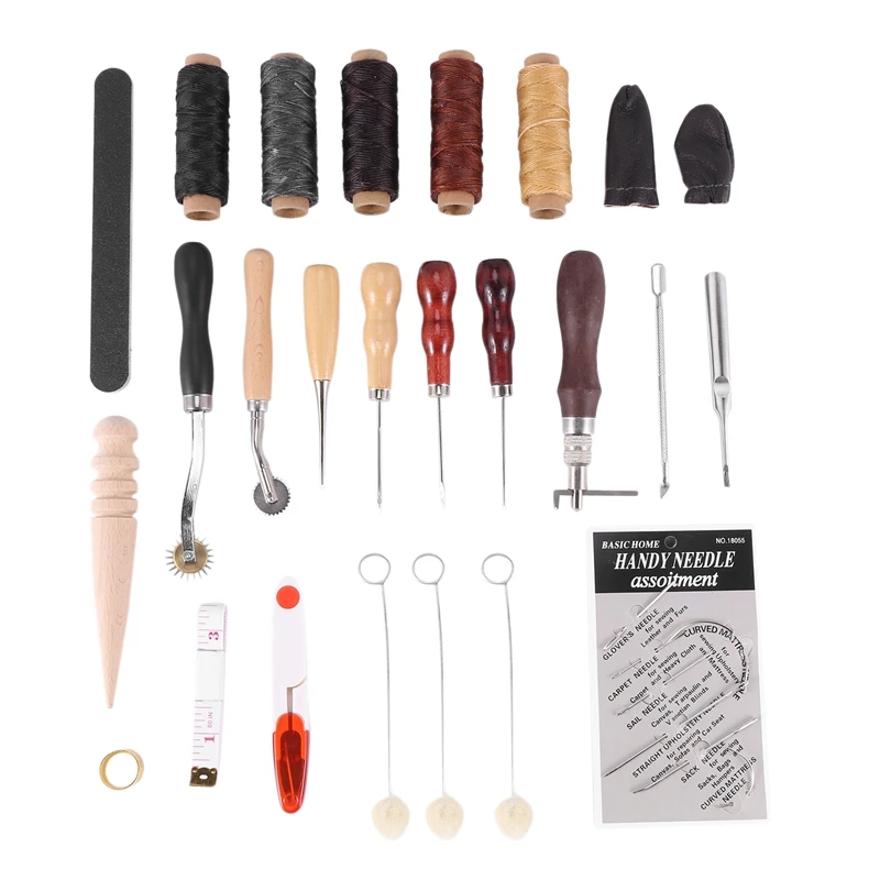 

31 Pcs Leather Sewing Tools Diy Leather Craft Tools Hand Stitching Tool Set With Groover Awl Waxed Thread Thimble Kit