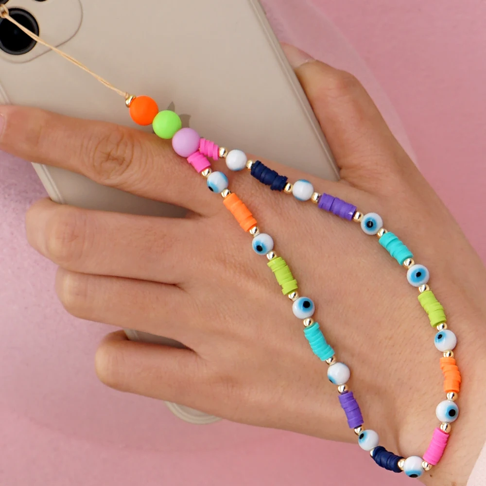 

Evil Eye Bracelet Anti-Lost Charm for Women Clay Mobile Phone Lanyard Chains Telephone Case Colorful Beaded Phone Strap