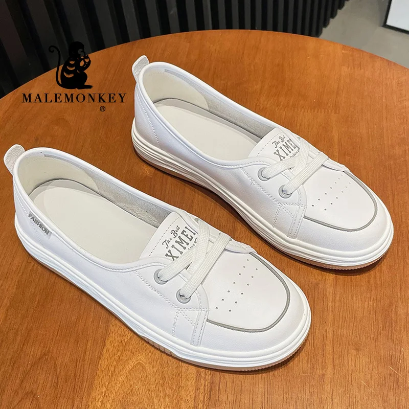 Cow Leather Flats Women White Casual Sport Shoes 2023 New Soft Comfortable Non Slip Rubber Female Shoes Zapatos De Mujer