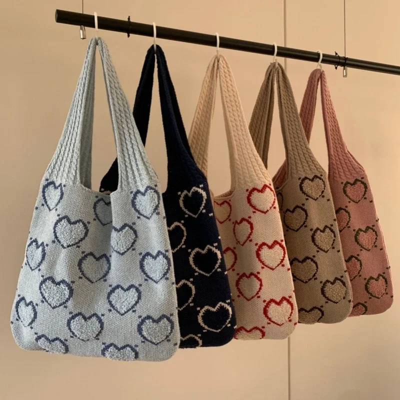 

Cute Heart Pattern Large Capacity Knitted Tote Bag Retro Knitting Women's Shoulder Bag Female Travel Shopping Beach Bag 2023