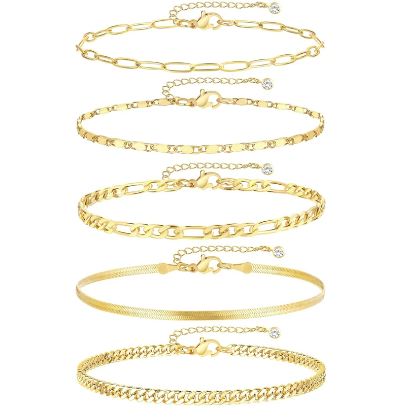 Золотые женские браслеты до щиколотки 5 шт. 14 к позолоченные из нержавеющей стали