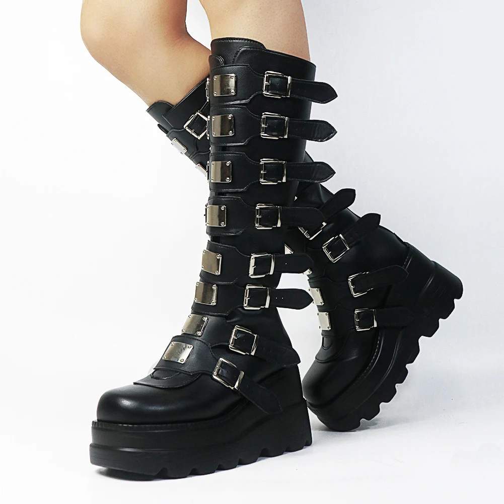 Goth Punk Brand Platform High wedges women's knee high boots buckle zip cosplay black white over the knee boots shoes woman