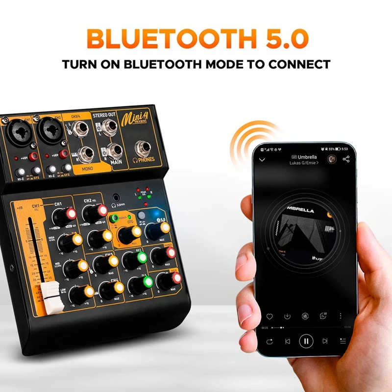 Интерфейс аудиомикшера Mini4 DJ-консоль Bluetooth 5 0 OTG реверберация звуковая карта 48 В