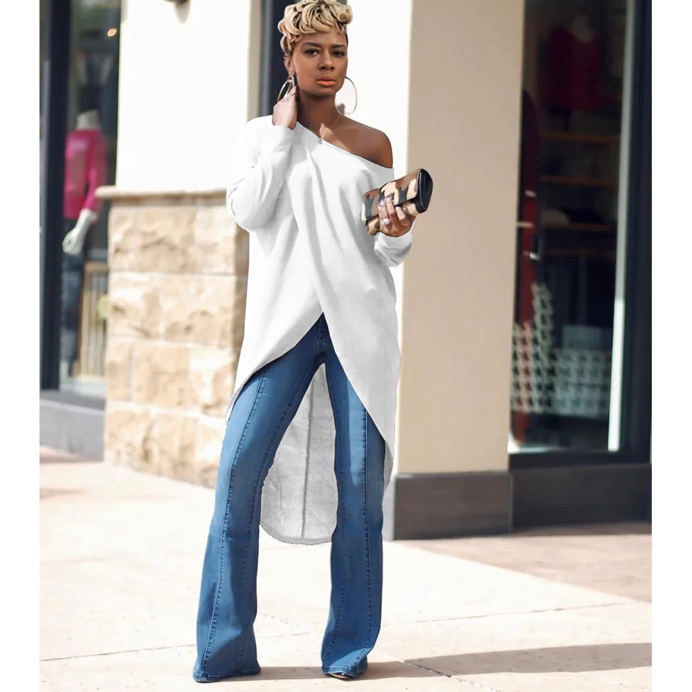 

Chocomist Tops Fashion Solid Off-shoulder Asymmetric Long Women T-shirts
