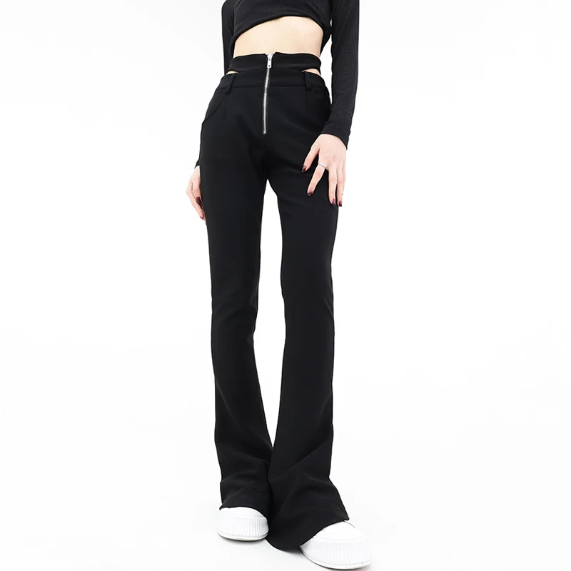 Women Cut Out Waist Tailored Flare Trouser With Exposed Zip Fly