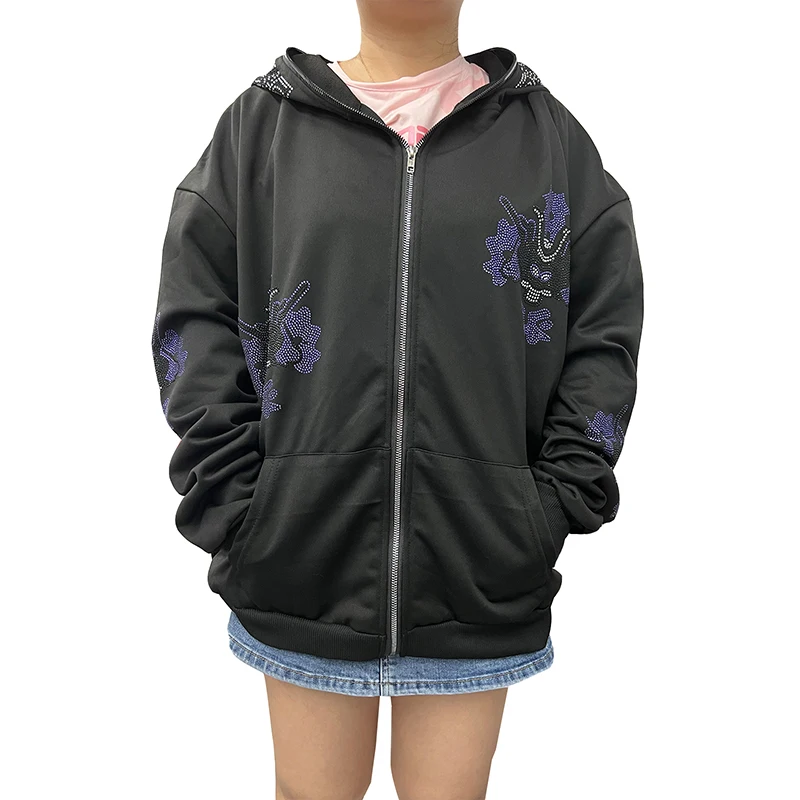 

Autumn Spring Fall Women Full Zipper Hoodies Shiny Rhinestone Print Long Sleeve Sweatshirt Jacket with Pocket for Streetwear
