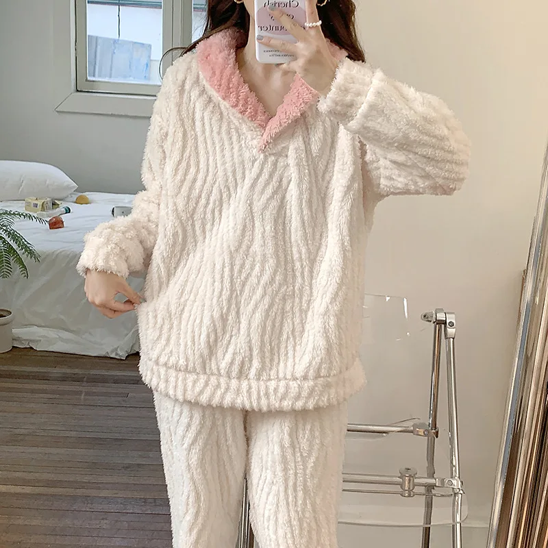 Утолщенная фланелевая женская пижама комплект из 2 предметов Пижамный костюм для