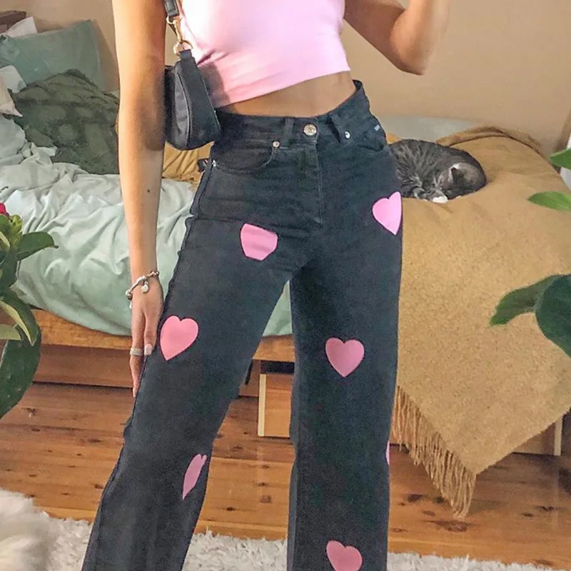 

2021 Women New Jeans Sexy High Street Denim Washed Fashion Straight Leg Pants Love Printed Denim Trousers
