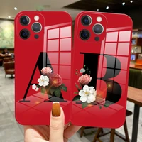 diy custom surname a b letter flower fashion phone case for iphone 13 pro max 12 pro max 12 pro 13 mini luxury red glass cover