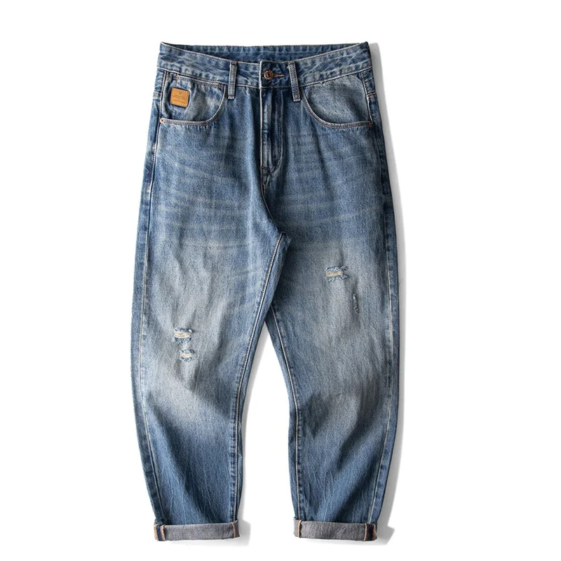 Streetwear Men 2022 New Pattern Vintage Recreational Blue Jeans Loose Broad Straight Cylinder Leg Trousers Autumn Female Trend