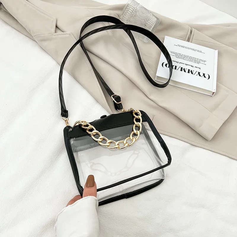 

Женская модная прозрачная сумка-мессенджер на плечо карамельного цвета, металлическая цепочка, косметика для вечеривечерние, кошелек для м...