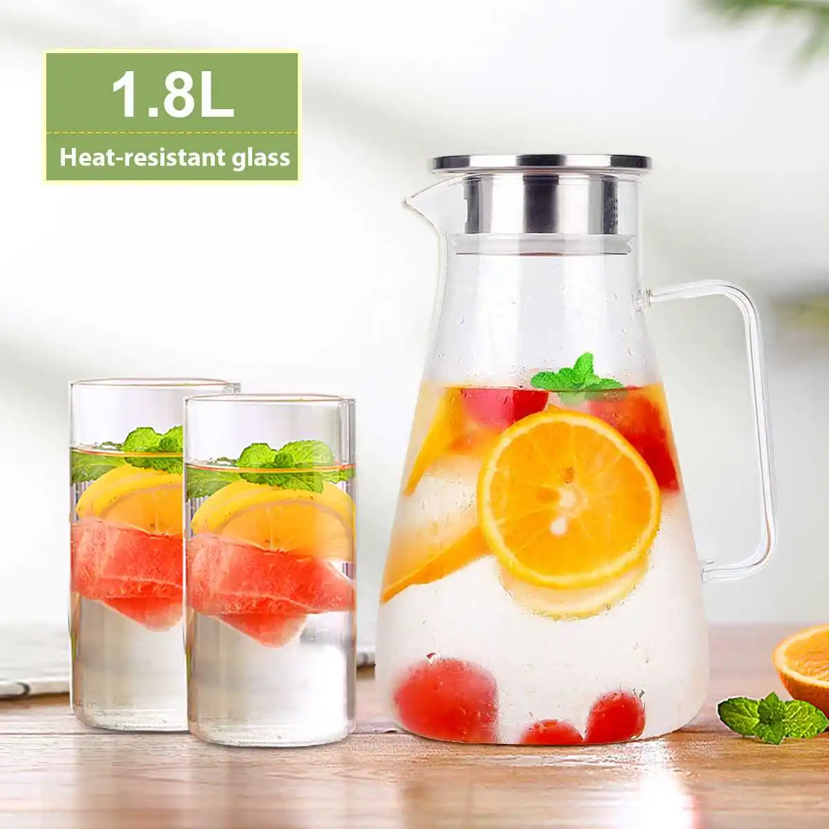 

1.5L/1.8L Cold Water Kettle Teapot Glass Pitcher Jug Water Juice Tea Carafe Bottle with Stainless Steel Lid Kitchen Drinkware