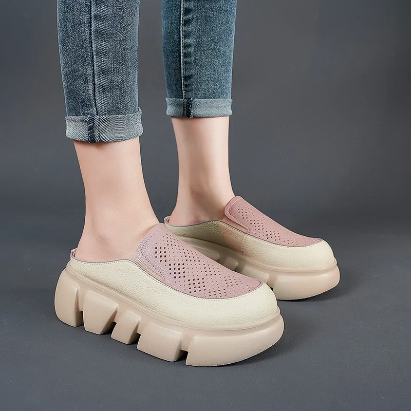 

6cm Genuine Leather Hollow 2023 Designer Big Size Slippers Women Sandals Rubber Summer Platform Wedge Authentic Fashion Shoes