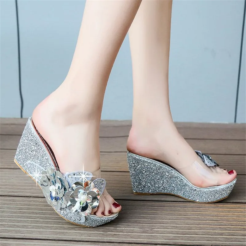 

Summer Wedges Sandals Women Sexy Crystal Transparent High Heels PVC Slippers String Bead Platform Fashion Shoes
