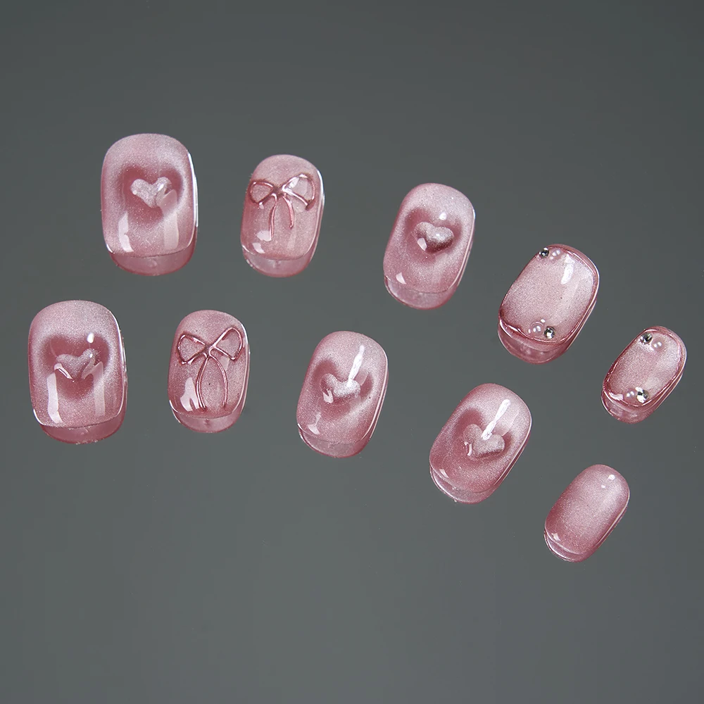 10 шт. розовые накладные ногти ручной работы с блестками кошачий глаз и сердечком