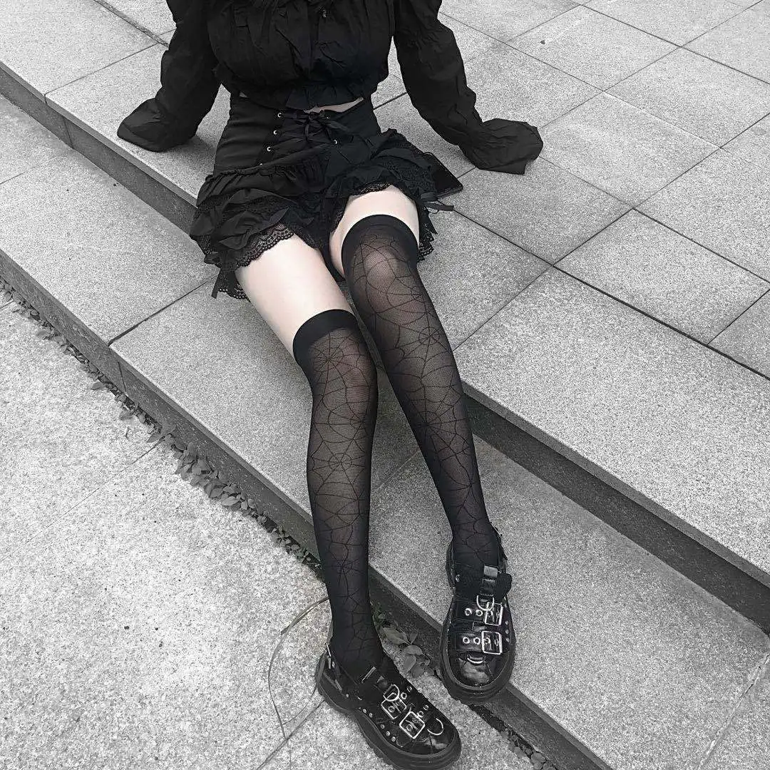 

Japanese Sweet Black Stockings Lolita Spider Web Jk College Style Hot Girl Summer Thin Long Tube Socks Women Lolita High Socks