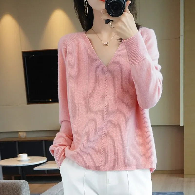 V-neck Loose Casual Women's 100% Wool Sweater Pure Color Knitted Full-sleeve Pullover Autumn And Winter New Product