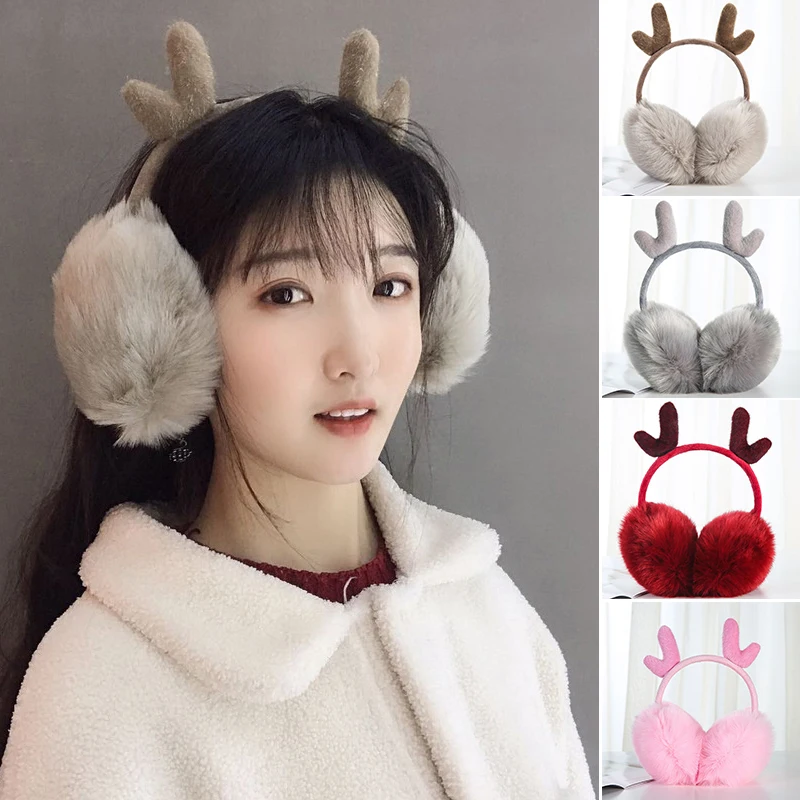 

Winter Ear Warmers Cute Antlers Design on-the-Head Earmuffs Warm Fuzzy Plush Ear Covers Gift for Girls Women HANW88