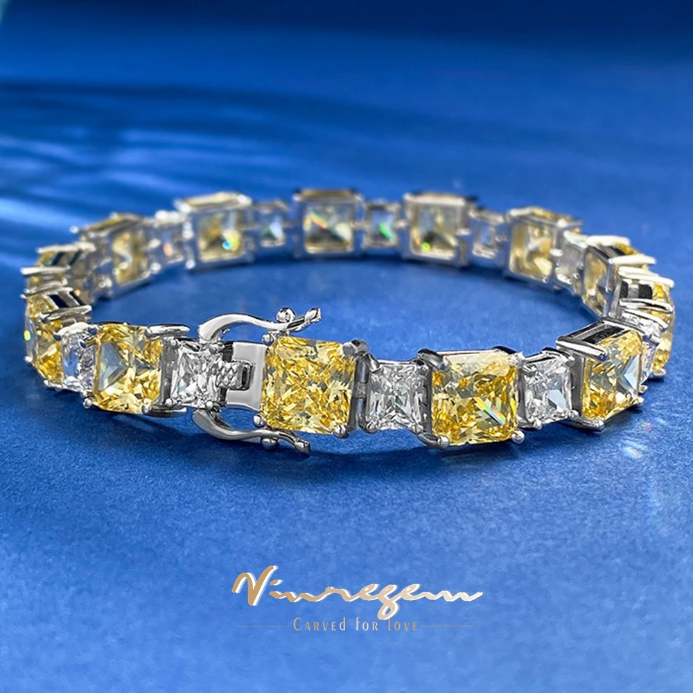 

Vinregem 18K Белое Золото 7*7 мм имитирует цитрин высокоуглеродистые бриллианты драгоценный камень женские браслеты стандартные серебряные ювелирные изделия