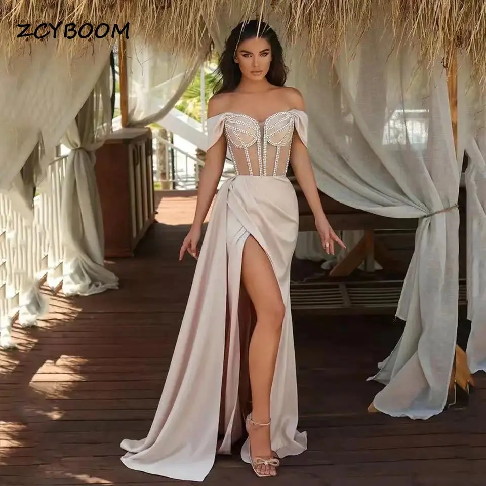 

Champagne Mermaid High Side Slit Evening Dresses Sexy Sweetheart Beading Prom Party Gowns 2022 Off The Shoulder Graduation Gown