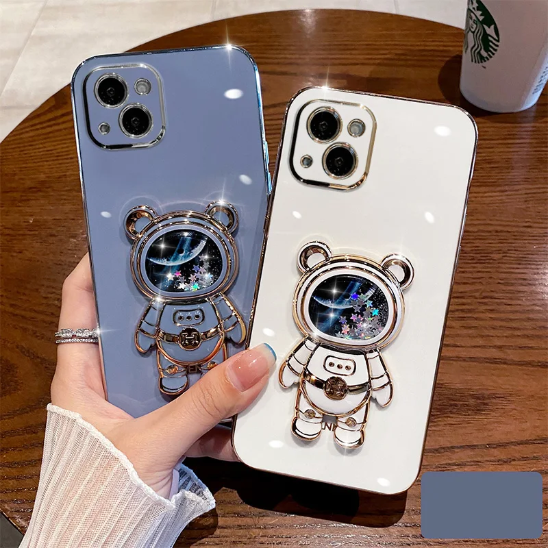 Bubble Quicksand Spaceman Case For iPhone 14 Pro 12ProMax SE2020 For iPhone 13 Pro Max XS XR 6S 6 8 7 Plus Bear Stand Back Cover