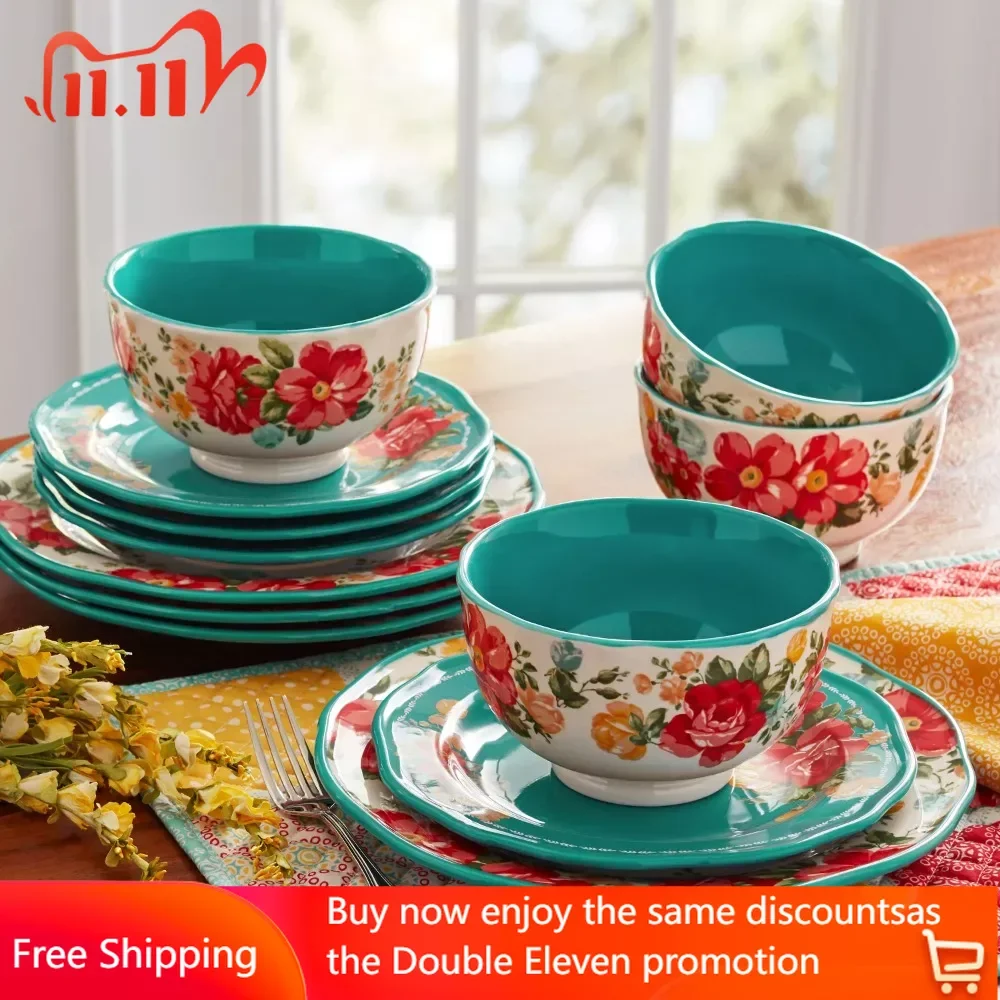 

Ceramic Dishes to Eat Vintage Floral 12-Piece Dinnerware Set Free Shipping Plates for Food Teal Dinner Plate Dish Tableware Sets