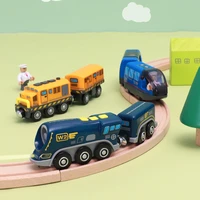 new magnetic electric locomotive compatible brand wooden magnetic rail car scene rail transit toy car with carriage and villain