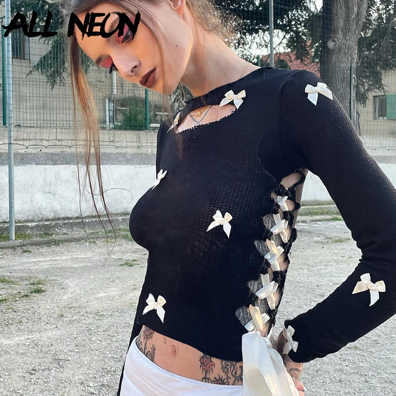 

ALLNeon Loli Mall Goth Bow Decor Long Sleeve T-Shirts E-girl Kawaii Streetwear Tees Sexy Hollow Out Bandage T-Shirt Y2K Clothes