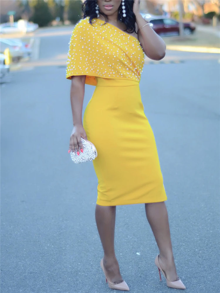 

Women Yellow One Shoulder Party Dress with Bead Sexy Tight Classy Female Elegant Robe Bodycon Tunic Plus Size Drop Shipping 2021