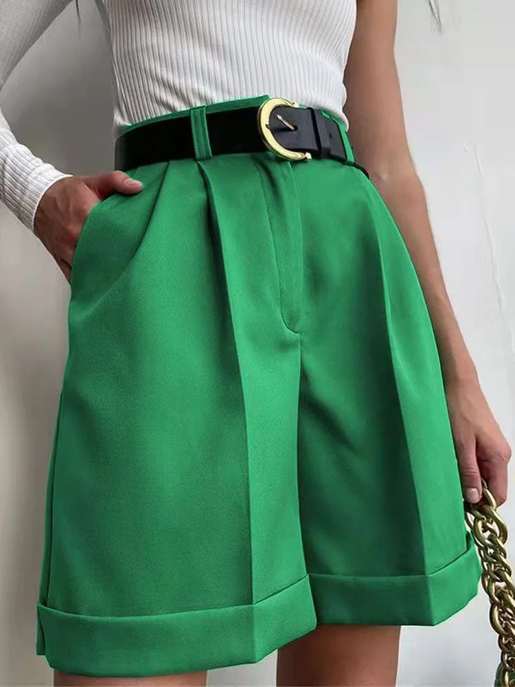 

Summer Y2K Green Knee Length Shorts Women Casual Cuffed Pocket Zipper High Waist Suit Shorts Female 2022 Lady Streetwear Pants