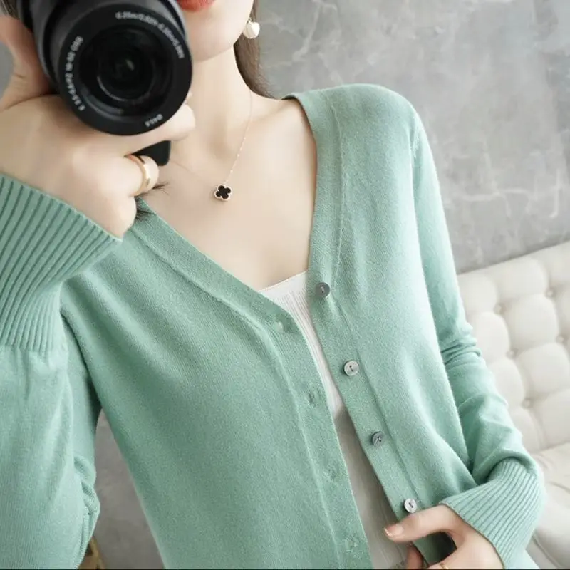 

Casual Knitted Ropa Mujer Button Up Fashion Cardigan Women Long Sleeve Korean Ribbed Autumn Single Breasted Office Lady Girl Top
